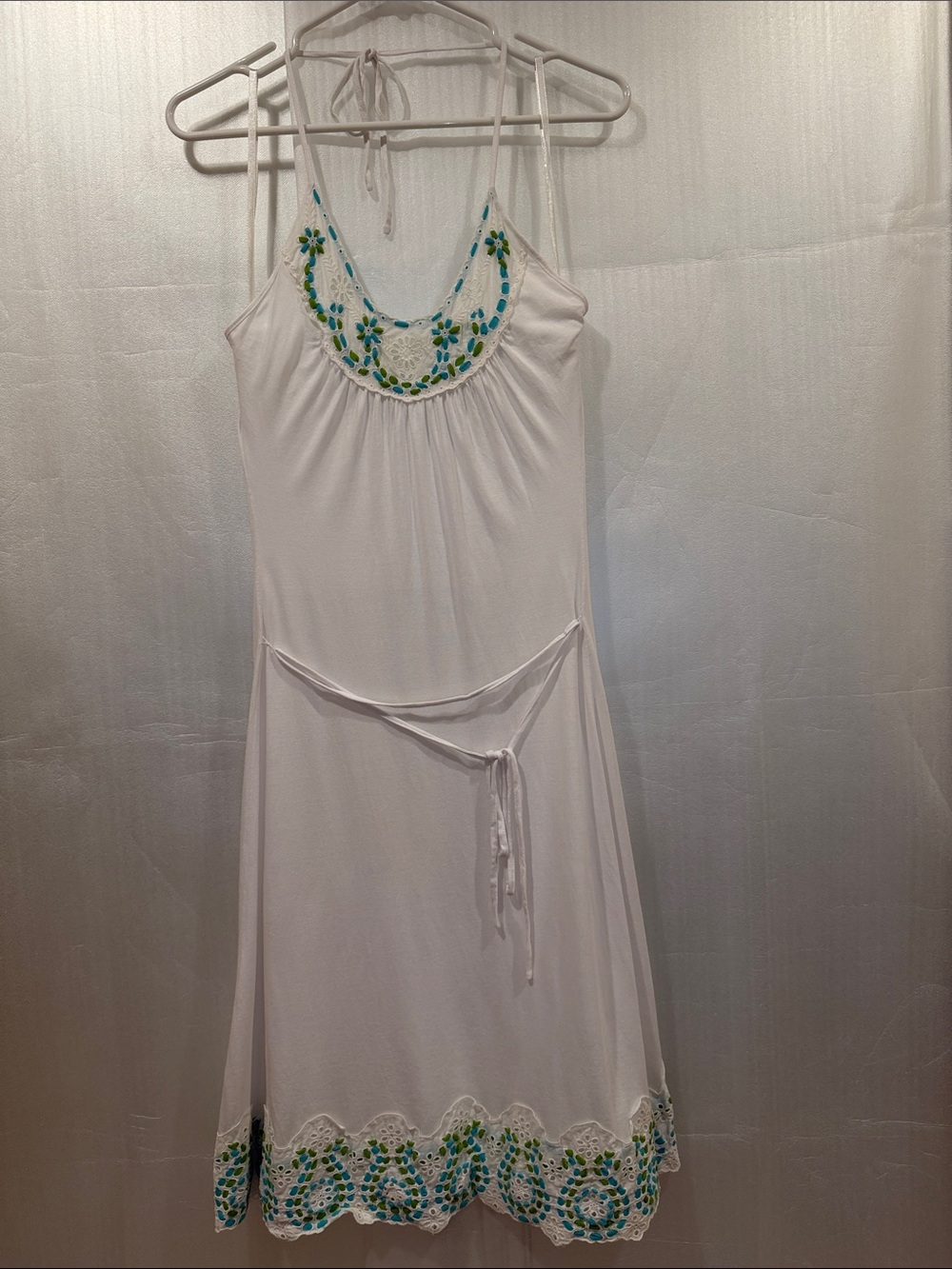 Sweetees White Midi Dress with Blue and Green Embroidery